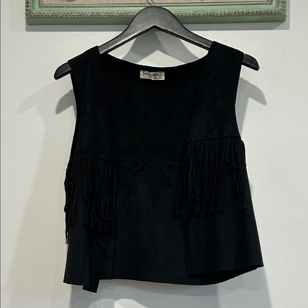 Bear Dance Black Fringe Faux Suede open front Vest large